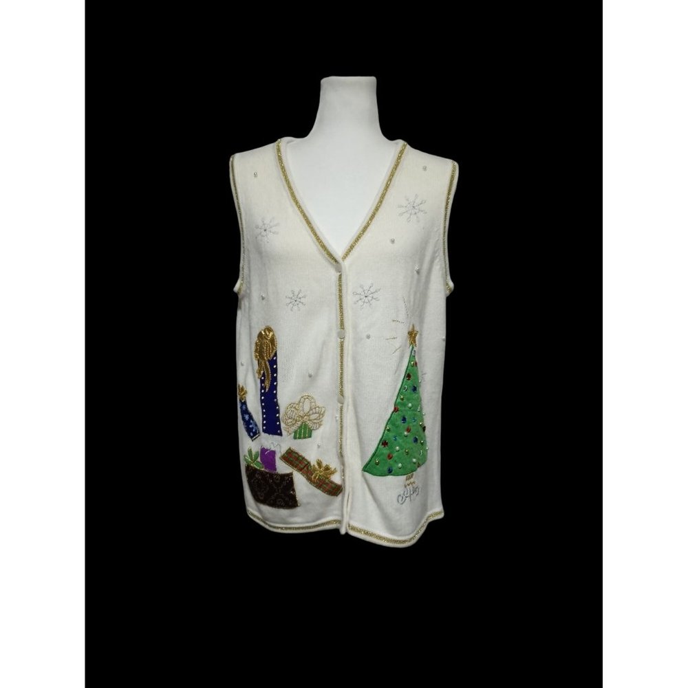 Christmas Sweater Vest Womens Size L Creamy‎ Off-White Tree Presents Snowflakes